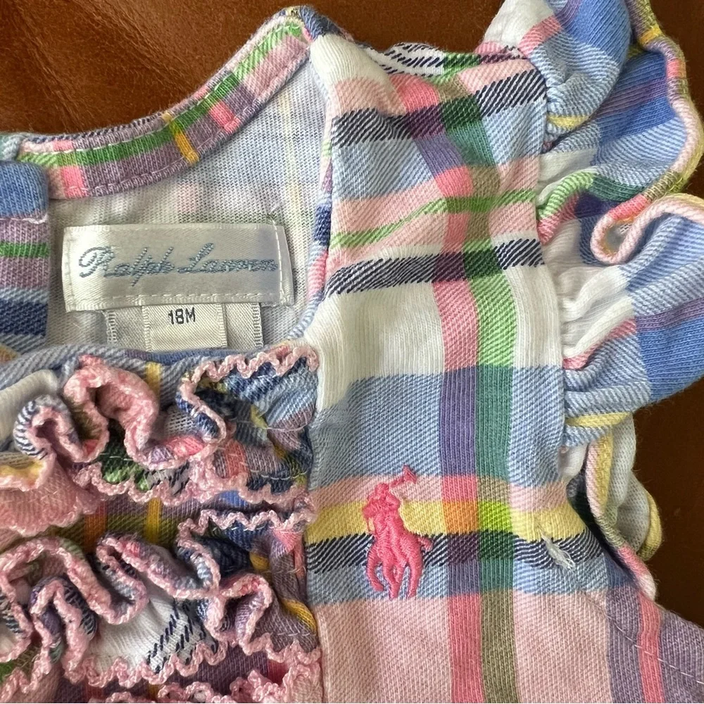 RALPH LAUREN Pink and Blue Plaid Ruffle Bubble, 18mo